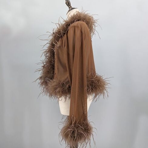 LVCOMEFF Real Ostrich Feather Trim Mesh Crop Top See-Through Black Sheer Shirt Jacket Clubwear Y2k in Saudi Arabia
