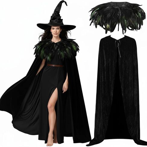 3 PCS Halloween Velvet Come Cape مع عباءة قوطية ريشة كبيرة من زي قبعة ساحرة كبيرة in Kuwait