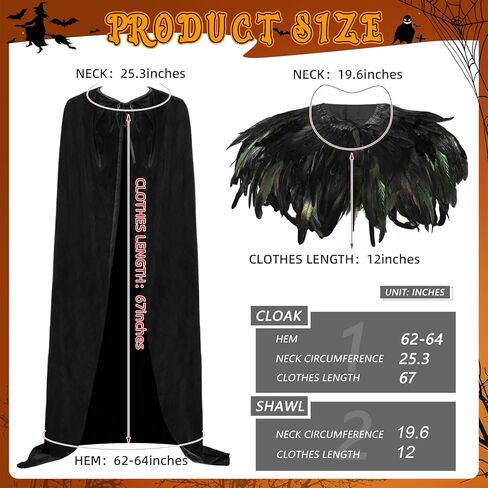 3 PCS Halloween Velvet Come Cape مع عباءة قوطية ريشة كبيرة من زي قبعة ساحرة كبيرة in Kuwait