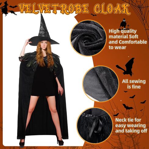 3 PCS Halloween Velvet Come Cape مع عباءة قوطية ريشة كبيرة من زي قبعة ساحرة كبيرة in Kuwait