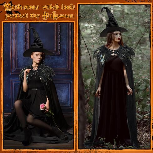 3 PCS Halloween Velvet Come Cape مع عباءة قوطية ريشة كبيرة من زي قبعة ساحرة كبيرة in Kuwait