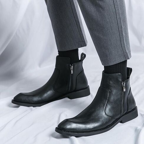 Mens Leather Dress Chelsea Ankle Boots With Double Side Zip Classic Retro Comfortable Pointed Toe Low Block Heel Slip On Business Chukka Boots For Casual Work Office Formal in Kuwait