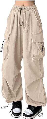 Women's Cargo Pants Drawstring High Waist Straight Wide Leg Womens Petite Pant Office Loose Fit Streetwear Pants in Saudi Arabia