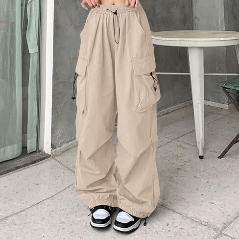 Women's Cargo Pants Drawstring High Waist Straight Wide Leg Womens Petite Pant Office Loose Fit Streetwear Pants in Saudi Arabia