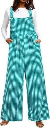 Happy Sailed Womens Plaid Overalls Casual Loose Sleeveless Adjustable Straps Wide Leg Pants Jumpsuit with Pockets in Saudi Arabia