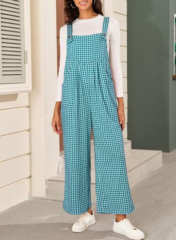 Happy Sailed Womens Plaid Overalls Casual Loose Sleeveless Adjustable Straps Wide Leg Pants Jumpsuit with Pockets in Saudi Arabia