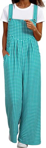 Happy Sailed Womens Plaid Overalls Casual Loose Sleeveless Adjustable Straps Wide Leg Pants Jumpsuit with Pockets in Saudi Arabia