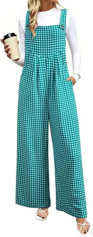 Happy Sailed Womens Plaid Overalls Casual Loose Sleeveless Adjustable Straps Wide Leg Pants Jumpsuit with Pockets in Saudi Arabia