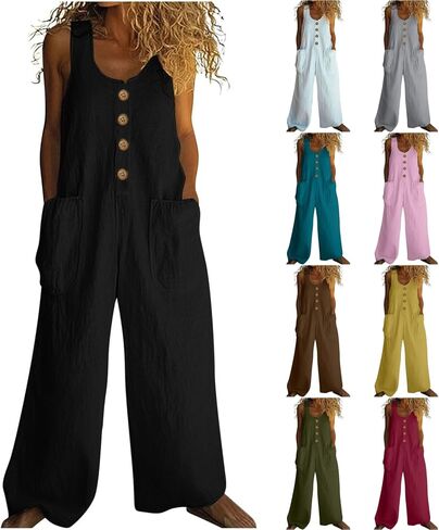 Jumpsuits for Women Cotton Linen Wide Leg Romper Sleeveless Wide Leg Rompers Summer One Piece Casual Loose Jumpsuits in Saudi Arabia