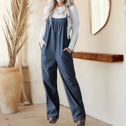 Womens Corduroy Overalls Wide Leg Loose Adjustable Straps Baggy Overalls Casual Sleeveless Jumpsuits in Saudi Arabia