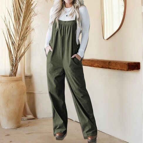 Womens Corduroy Overalls Wide Leg Loose Adjustable Straps Baggy Overalls Casual Sleeveless Jumpsuits in Saudi Arabia