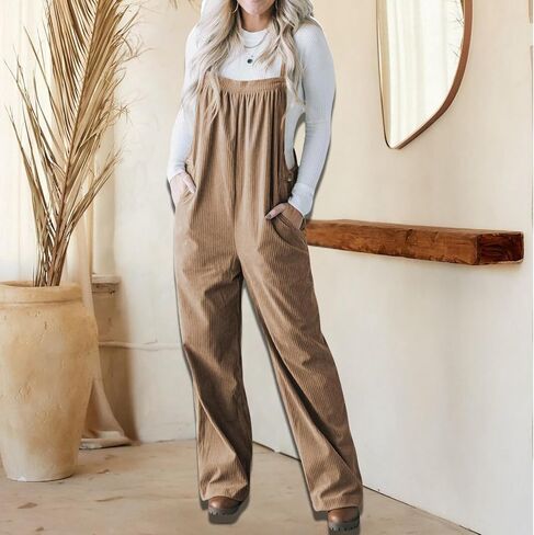 Womens Corduroy Overalls Wide Leg Loose Adjustable Straps Baggy Overalls Casual Sleeveless Jumpsuits in Saudi Arabia