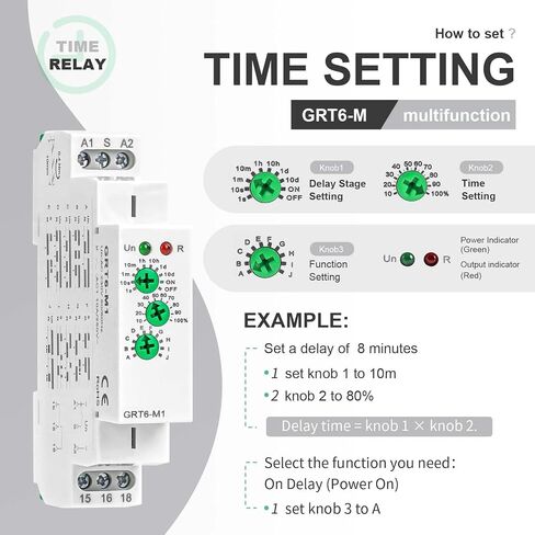 Multifunction Time Delay Relays AC DC 24V-240 Volt, 10A Mini Adjustable Timer Switch ON Off GRT6-M1, with 10 Electrical Timers Relay Control Delay Function for 1 Minute to 10 Days, DIN Rail Mount in Kuwait