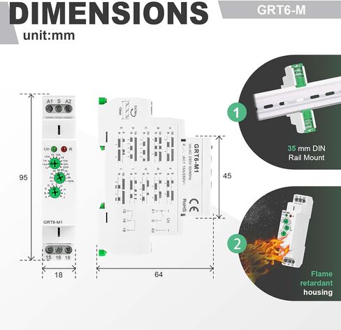 Multifunction Time Delay Relays AC DC 24V-240 Volt, 10A Mini Adjustable Timer Switch ON Off GRT6-M1, with 10 Electrical Timers Relay Control Delay Function for 1 Minute to 10 Days, DIN Rail Mount in Kuwait