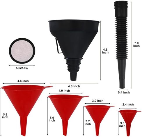 مجموعة قمع السيارات من HexinYigjly مكونة من 4 قطع، مسارات وقود واسعة الفم، مسارات زيت بلاستيكية طويلة الرقبة، مسارات مرنة للزاوية اليمنى، مع فوهة قابلة للفصل وفلتر للمياه/البنزين/المبرد/زيت المحرك in Kuwait