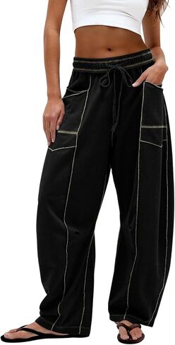 دوكوريتو برميل سروال روتين النساء غير الرسمي الخصر المرن عريض الساق العرق مع الجيوب صالة السراويل الفضفاضة in Kuwait