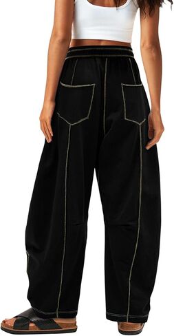 دوكوريتو برميل سروال روتين النساء غير الرسمي الخصر المرن عريض الساق العرق مع الجيوب صالة السراويل الفضفاضة in Kuwait