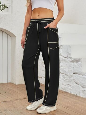 دوكوريتو برميل سروال روتين النساء غير الرسمي الخصر المرن عريض الساق العرق مع الجيوب صالة السراويل الفضفاضة in Kuwait