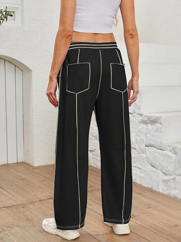 دوكوريتو برميل سروال روتين النساء غير الرسمي الخصر المرن عريض الساق العرق مع الجيوب صالة السراويل الفضفاضة in Kuwait