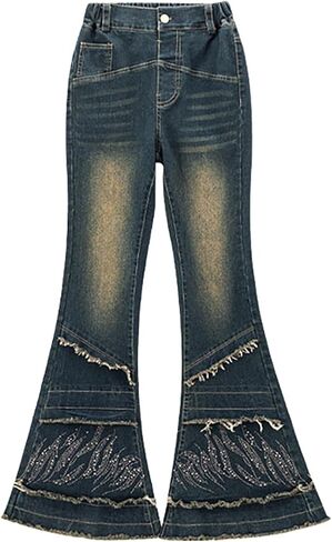 Little Girls Baggy Bell Bottom Jeans Youth Raw Hem High Wasit Buttons Wide Leg Flared Denim Pants 2025 Trendy Kids Clothes in Saudi Arabia