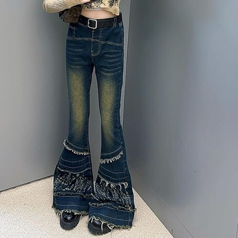 Little Girls Baggy Bell Bottom Jeans Youth Raw Hem High Wasit Buttons Wide Leg Flared Denim Pants 2025 Trendy Kids Clothes in Saudi Arabia