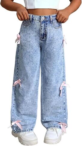 2025 Trendy Baggy Jeans for Girls Wide Leg Baggy Denim Pants Teens High Waist Cute Bow Trousers Floor Length Jeans Pants in Saudi Arabia
