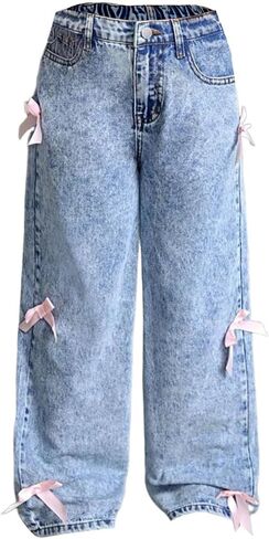 2025 Trendy Baggy Jeans for Girls Wide Leg Baggy Denim Pants Teens High Waist Cute Bow Trousers Floor Length Jeans Pants in Saudi Arabia