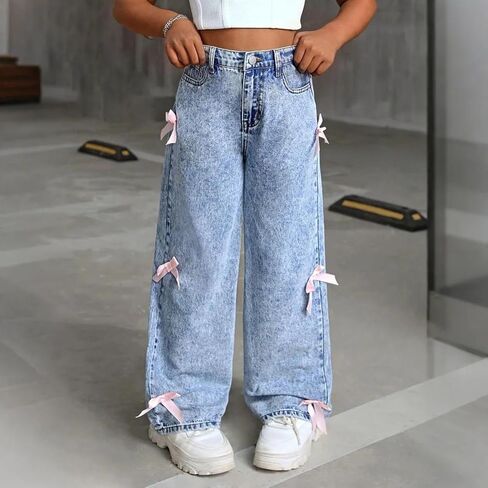 2025 Trendy Baggy Jeans for Girls Wide Leg Baggy Denim Pants Teens High Waist Cute Bow Trousers Floor Length Jeans Pants in Saudi Arabia
