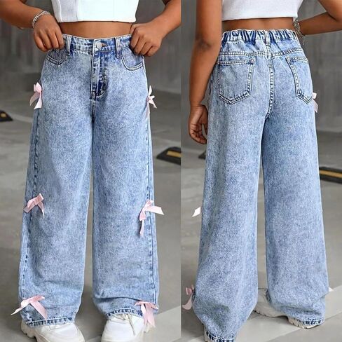 2025 Trendy Baggy Jeans for Girls Wide Leg Baggy Denim Pants Teens High Waist Cute Bow Trousers Floor Length Jeans Pants in Saudi Arabia