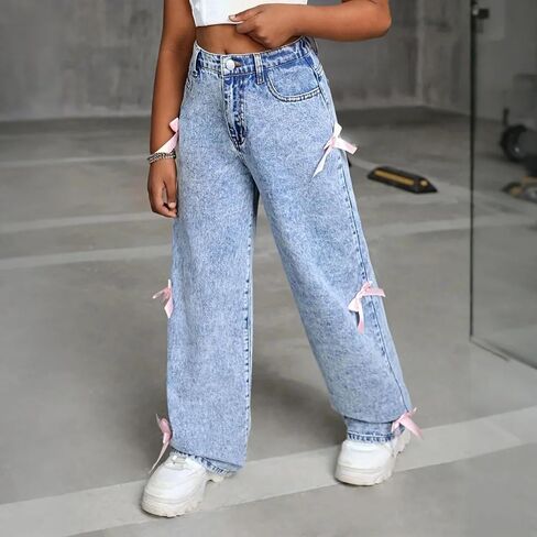 2025 Trendy Baggy Jeans for Girls Wide Leg Baggy Denim Pants Teens High Waist Cute Bow Trousers Floor Length Jeans Pants in Saudi Arabia