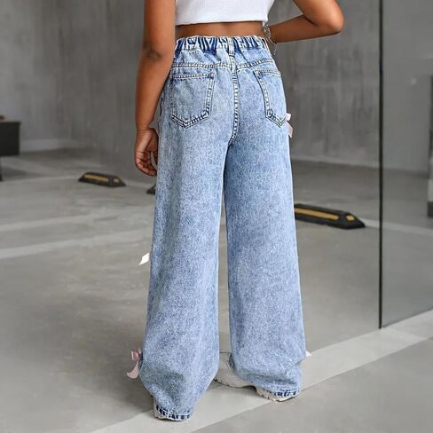 2025 Trendy Baggy Jeans for Girls Wide Leg Baggy Denim Pants Teens High Waist Cute Bow Trousers Floor Length Jeans Pants in Saudi Arabia