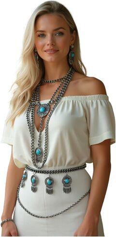Women Bohemian Fashion Belt Antique Silver Metal Chain Feather Charm Turquoise Beads XS S M in Saudi Arabia