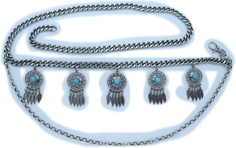 Women Bohemian Fashion Belt Antique Silver Metal Chain Feather Charm Turquoise Beads XS S M in Saudi Arabia