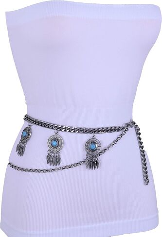 Women Bohemian Fashion Belt Antique Silver Metal Chain Feather Charm Turquoise Beads XS S M in Saudi Arabia