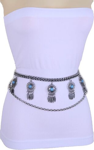 Women Bohemian Fashion Belt Antique Silver Metal Chain Feather Charm Turquoise Beads XS S M in Saudi Arabia