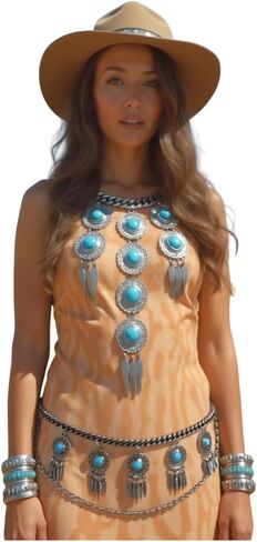 Women Bohemian Fashion Belt Antique Silver Metal Chain Feather Charm Turquoise Beads XS S M in Saudi Arabia