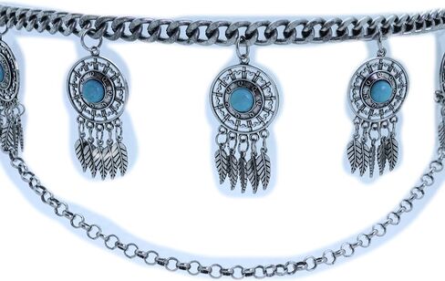 Women Bohemian Fashion Belt Antique Silver Metal Chain Feather Charm Turquoise Beads XS S M in Saudi Arabia