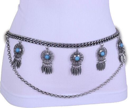 Women Bohemian Fashion Belt Antique Silver Metal Chain Feather Charm Turquoise Beads XS S M in Saudi Arabia