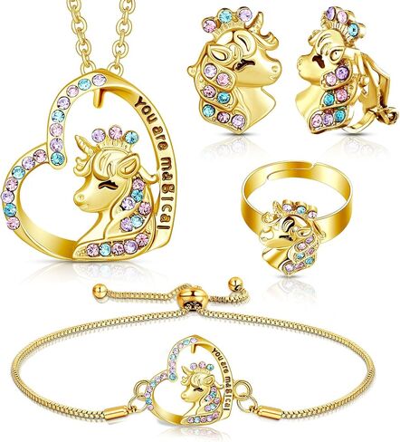 4 PCS Girls Unicorn Jewelry Set Unicorn Netclace Bracelet Ring Stud arocring in Saudi Arabia