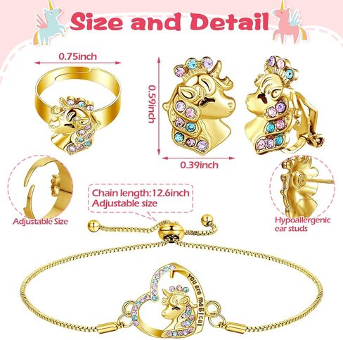 4 PCS Girls Unicorn Jewelry Set Unicorn Netclace Bracelet Ring Stud arocring in Saudi Arabia