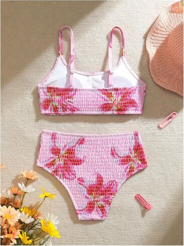 Wdirara Girl's Floral Swimsuit مدخن البيكيني عالي الخصر in Saudi Arabia