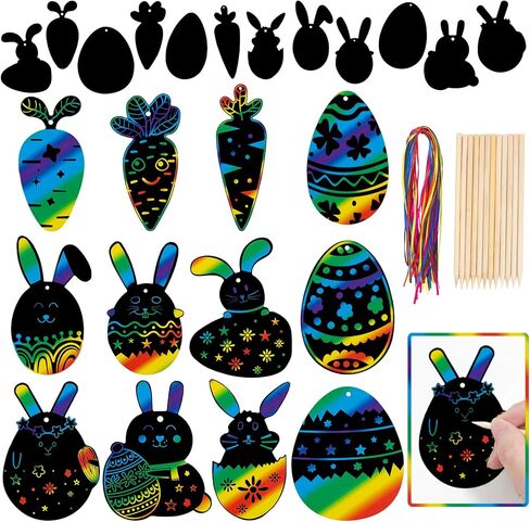 48 قطعة من الحرف اليدوية لخدش عيد الفصح للأطفال، أرنب أرنب وجزر وبيضة عيد الفصح وزخارف ورقية للخدش مع عصا خشبية وشريط لتفضلات حفلات عيد الفصح in Kuwait
