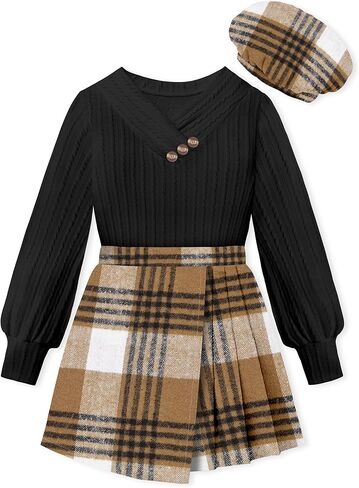 Girls Clothes Skirt Sets V-neck Jacquard Puff Sleeve Shirts Top Plaid Mini Skirt Shorts Girls Outfits with Beret 7-14Y in Kuwait