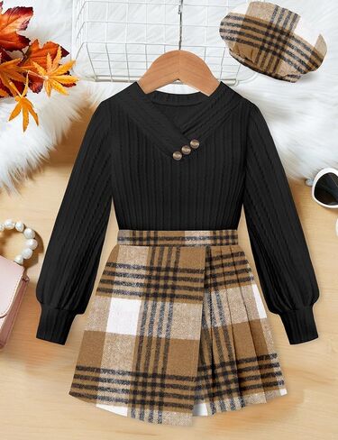 Girls Clothes Skirt Sets V-neck Jacquard Puff Sleeve Shirts Top Plaid Mini Skirt Shorts Girls Outfits with Beret 7-14Y in Kuwait