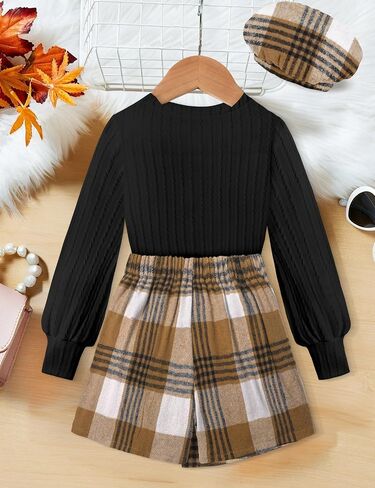 Girls Clothes Skirt Sets V-neck Jacquard Puff Sleeve Shirts Top Plaid Mini Skirt Shorts Girls Outfits with Beret 7-14Y in Kuwait