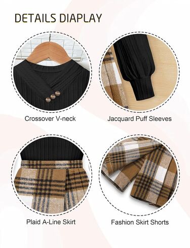 Girls Clothes Skirt Sets V-neck Jacquard Puff Sleeve Shirts Top Plaid Mini Skirt Shorts Girls Outfits with Beret 7-14Y in Kuwait