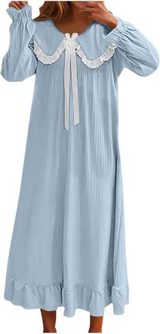 Women's Nightgowns Lace Trim Shawl Collar Nightgown Long Flare Sleeve Sleep Dress Ruffle Hem Loungewear in Saudi Arabia