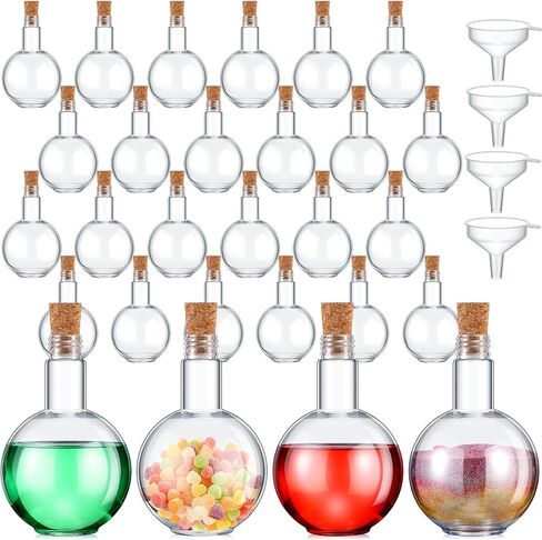 Baderke 20 Set Spherical Plastic Potion Bottles with Cork 8 oz Ball Shaped Round Bottles Sand Art Bottles with 5 Funnels Decorative Bottle Candy Jar for Halloween Sand Costume Props DIY Crafts in Saudi Arabia