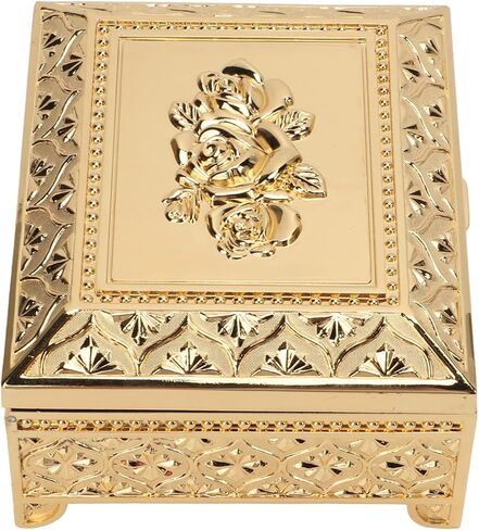 Rose Pattern Vintage Jewelry Box, Retro Rectangular Trinket Box Organizer Treasure Chest Box for Women Girls Ring Earrings Necklace Storage (Gold) in Saudi Arabia