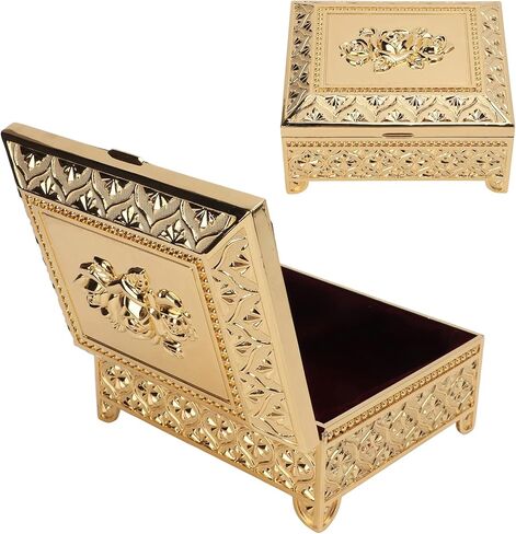 Rose Pattern Vintage Jewelry Box, Retro Rectangular Trinket Box Organizer Treasure Chest Box for Women Girls Ring Earrings Necklace Storage (Gold) in Saudi Arabia